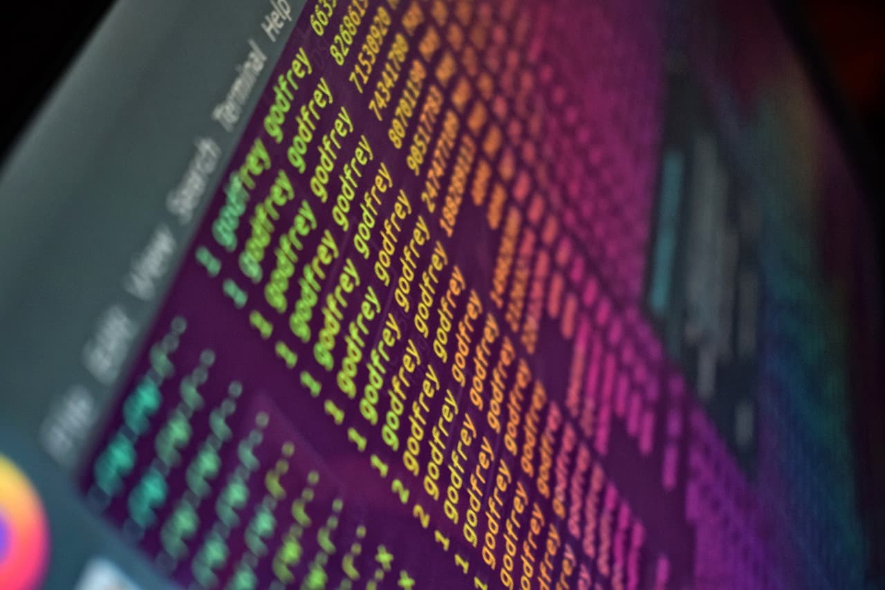 Tela de terminal com código colorido representando execução em ambiente de computador