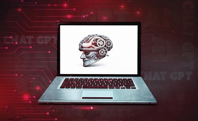 Ilustração de IA monitorando informações em um laptop