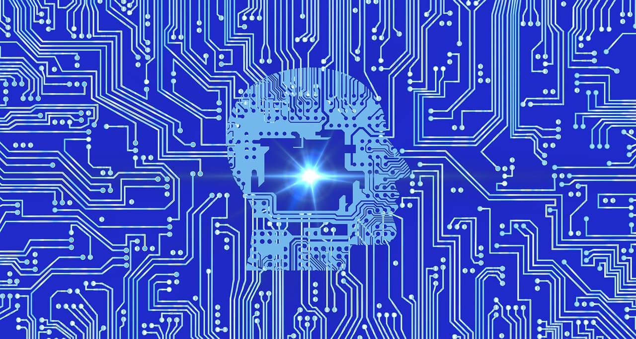 Ilustração de circuitos com tema de inteligência artificial representando tecnologia e desempenho em benchmarks