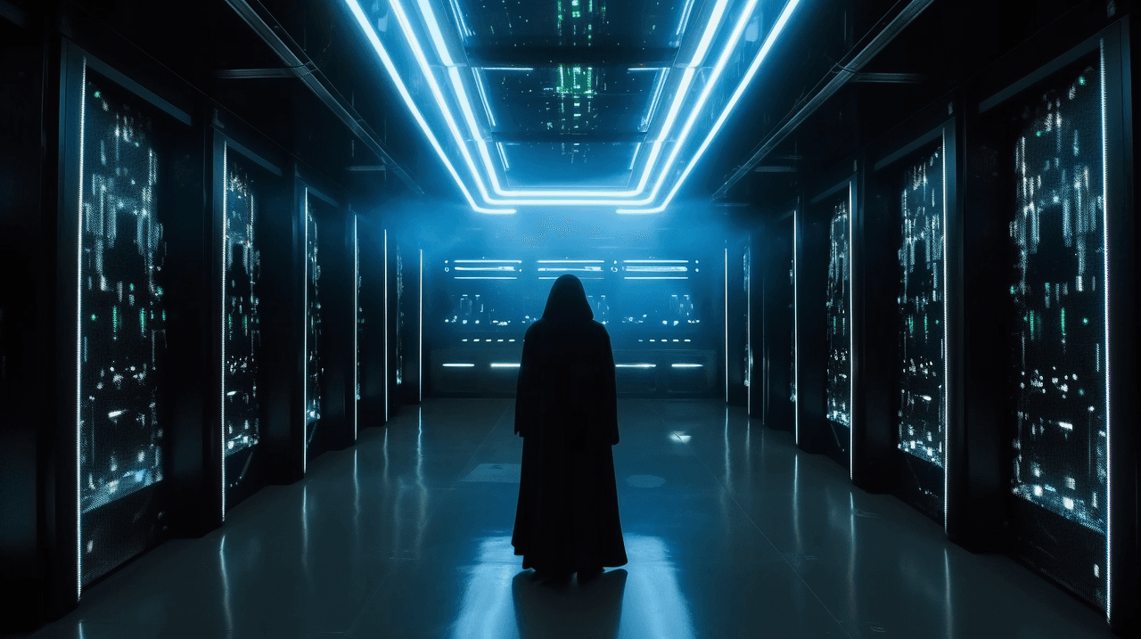 Ilustração de datacenter com fileiras de racks e iluminação azul