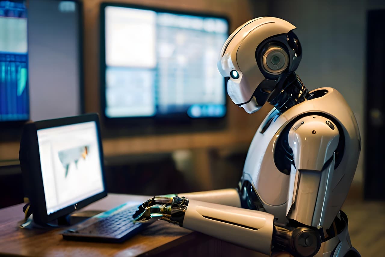 Robô trabalhando em laptop, ambiente corporativo, conceito de agentes de IA