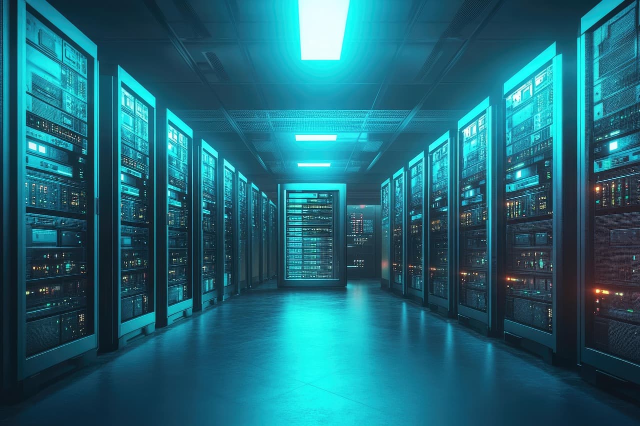 Corredor de data center moderno simbolizando infraestrutura de IA