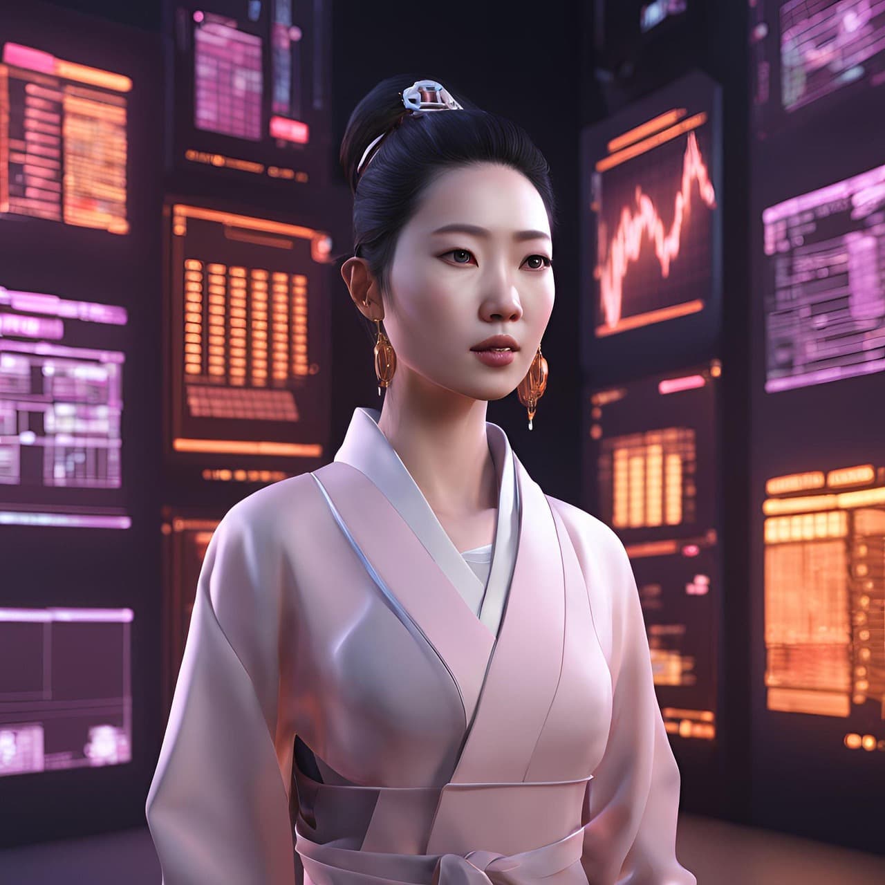 Avatar digital realista em ambiente tecnológico