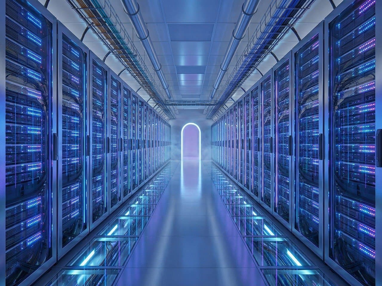 Corredor de data center com racks e iluminação azul