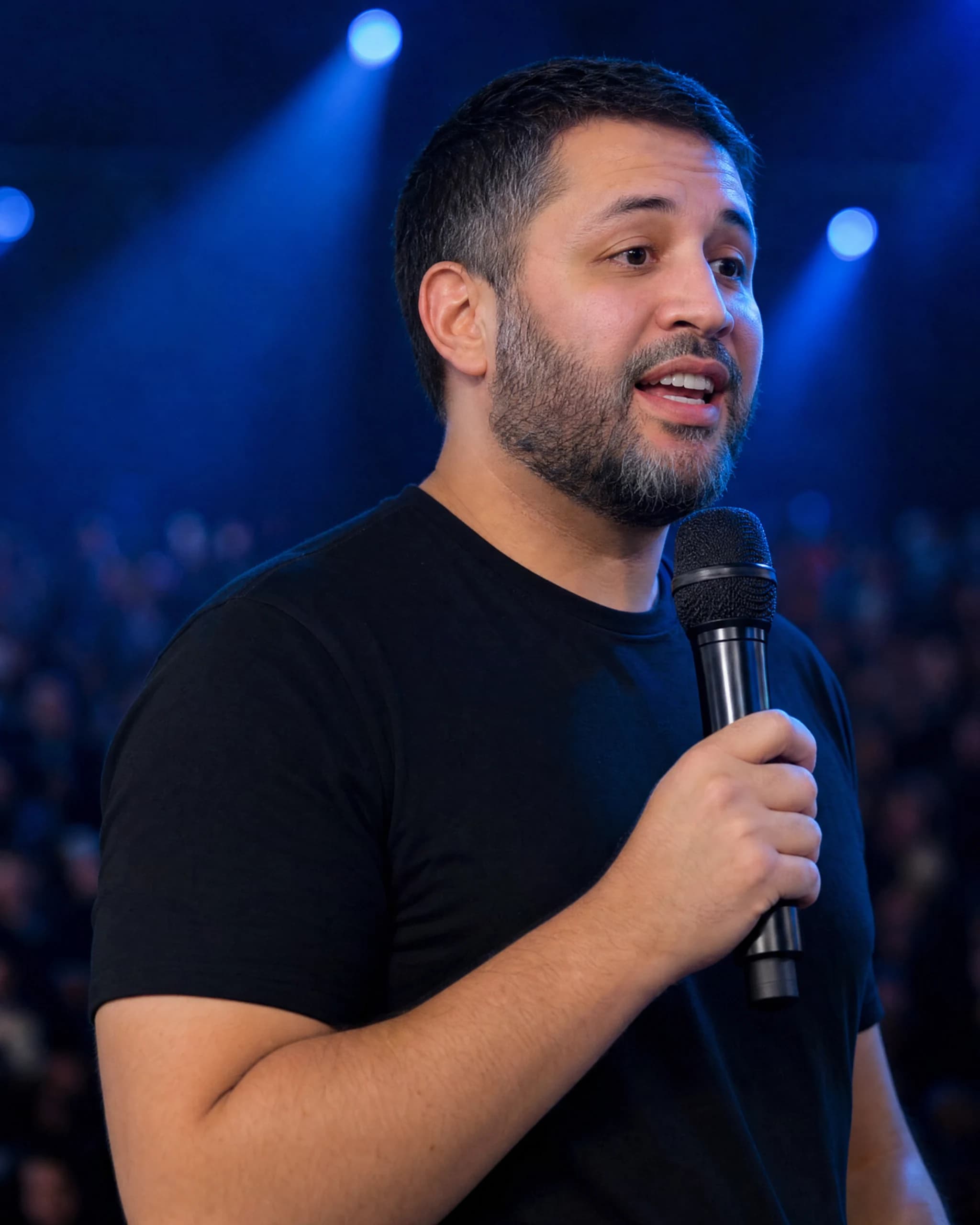 Danilo Gato falando com o público no palco, microfone na mão