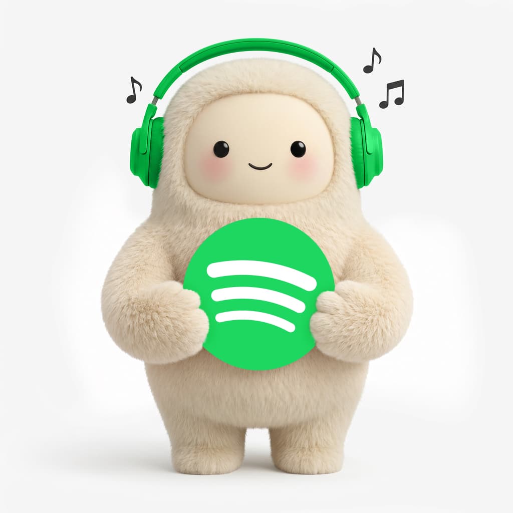 Mascote do Muse com fones segurando o logo verde do Spotify