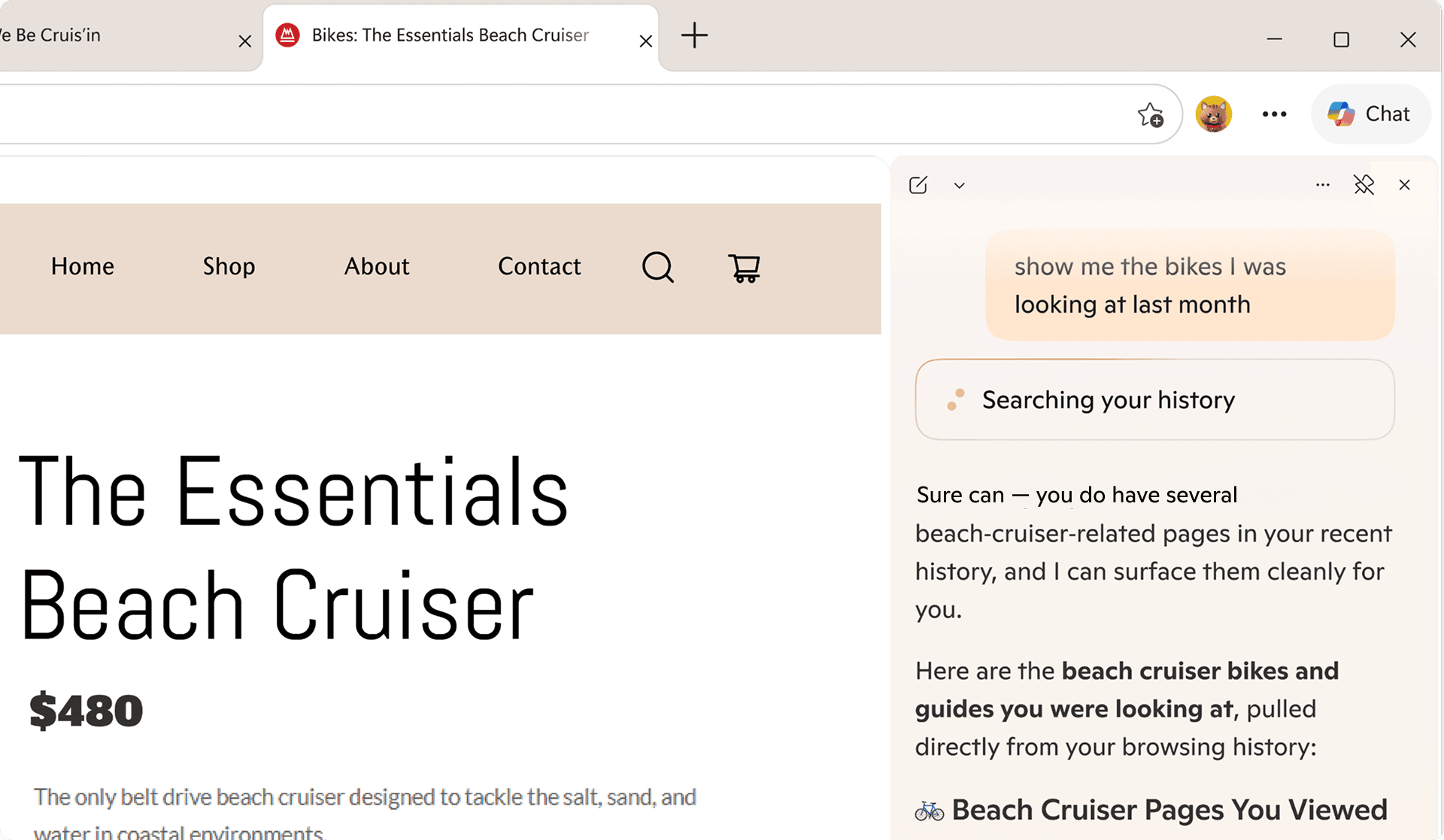Copilot no Microsoft Edge exibindo busca no histórico no desktop