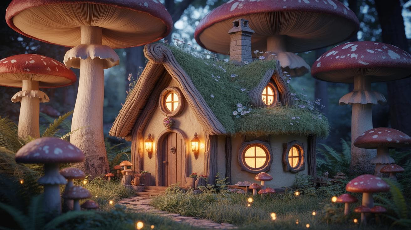 Mundo 3D gerado com estética de floresta de cogumelos, iluminação cinematográfica