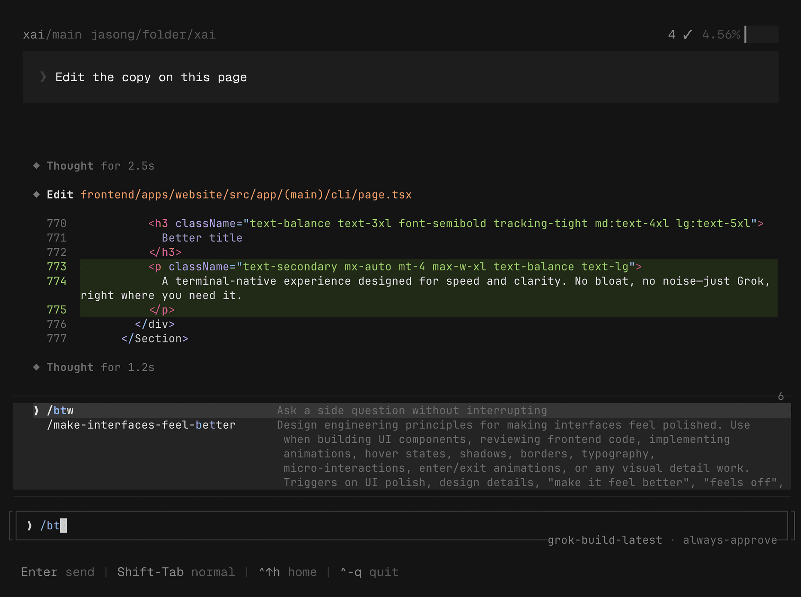 Interface do Grok Build em execução no terminal, mostrando edição e pensamentos do agente