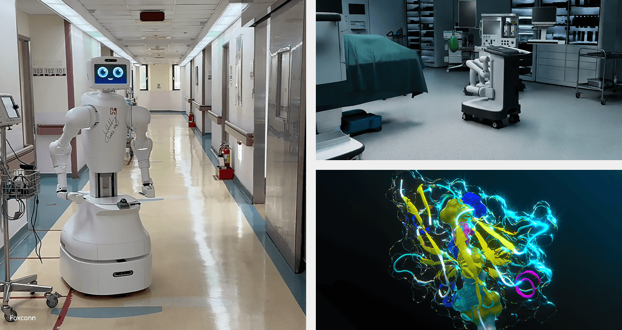 Robôs e visualizações científicas representando IA na saúde, pesquisa NVIDIA 2026