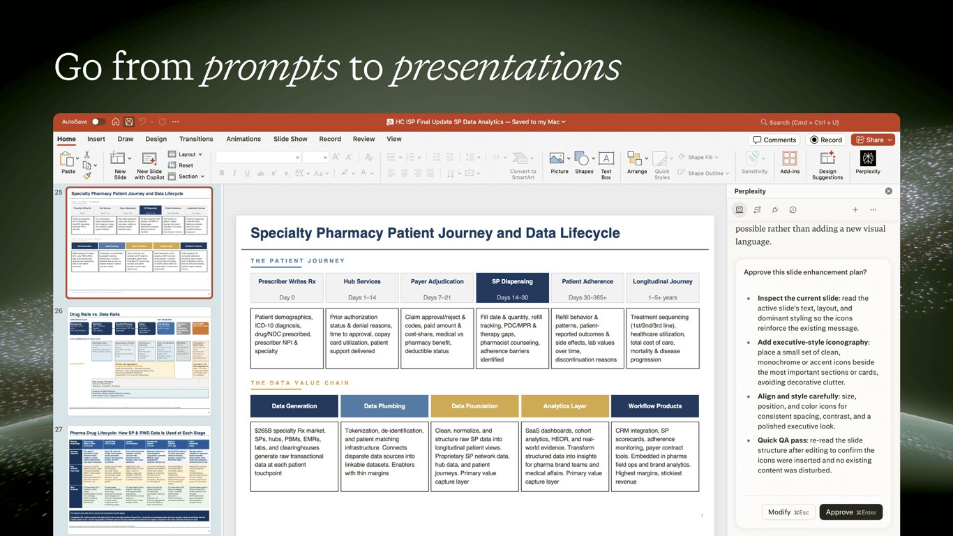 Painel lateral do Perplexity Computer integrado ao Microsoft PowerPoint