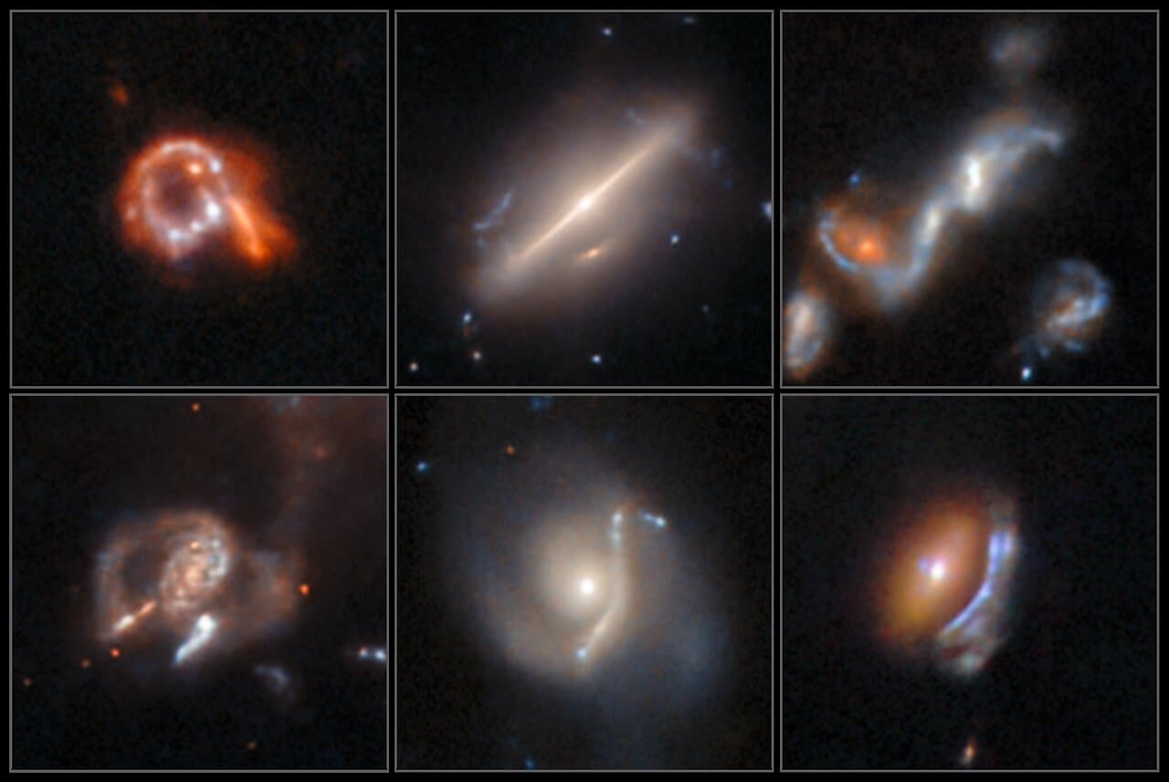 Mosaico Hubble com seis anomalias detectadas pelo AnomalyMatch AI