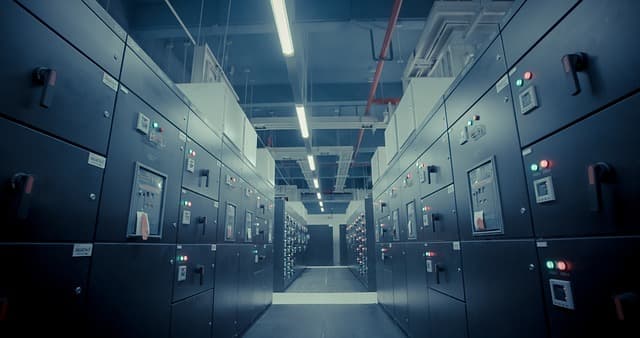 Corredor de data center com painéis e servidores, luzes e cabos