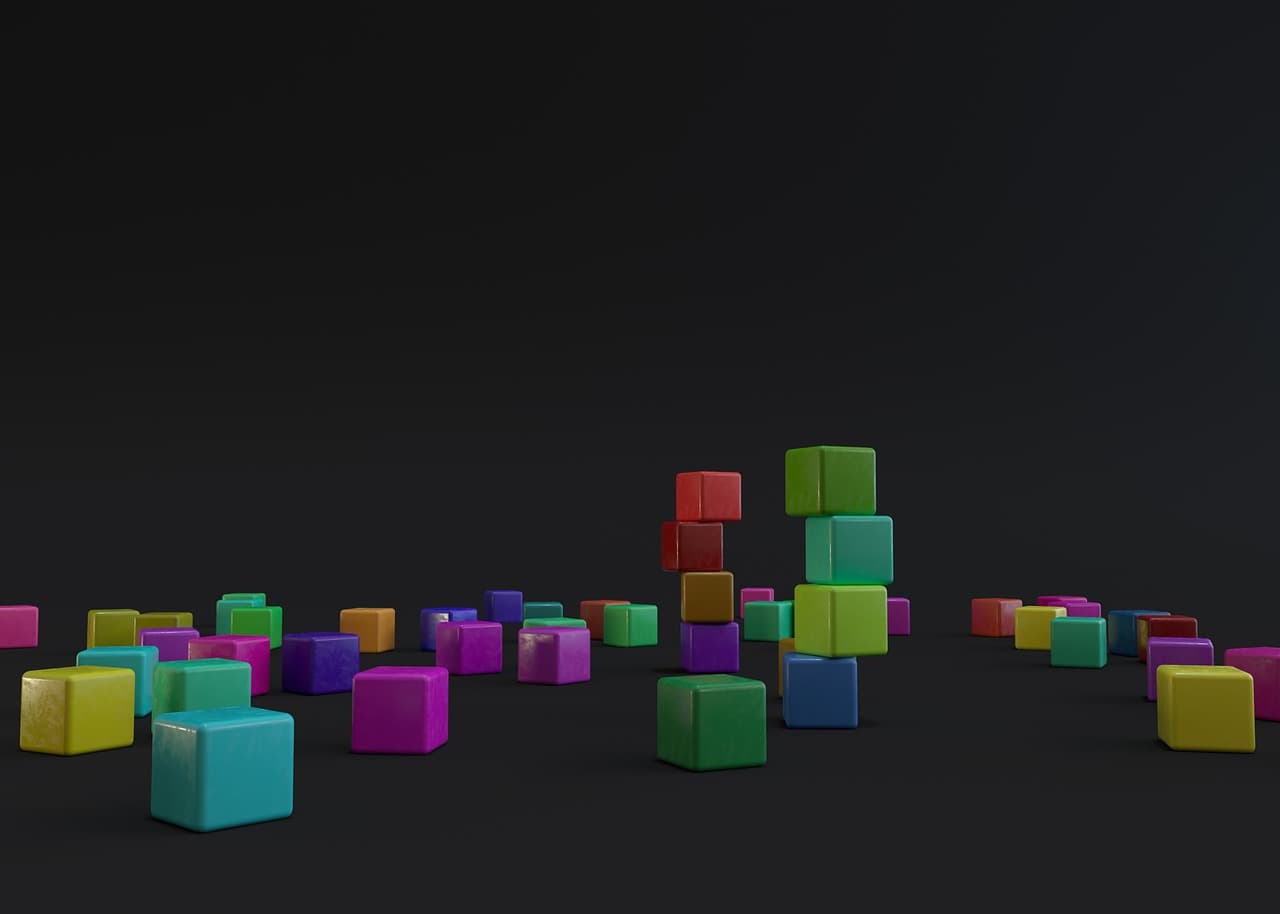 Cenas abstratas com cubos 3D ilustrando volume e luz