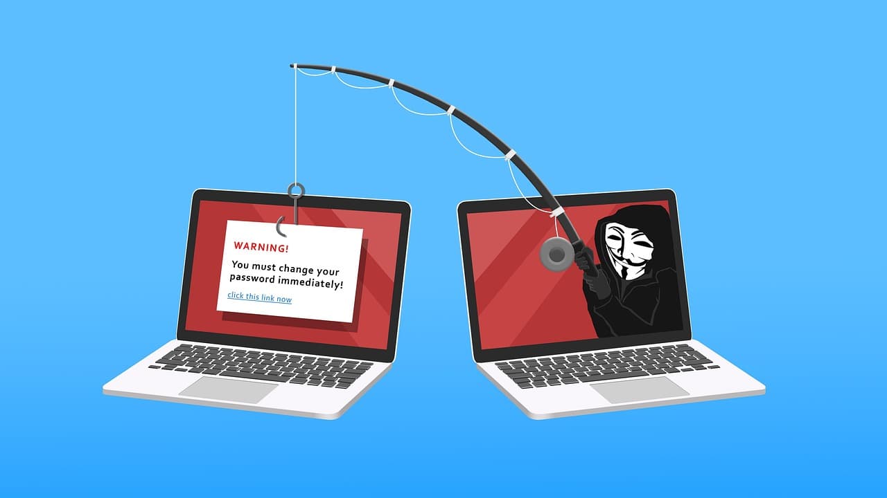 Ilustração de phishing com dois laptops e alerta de senha