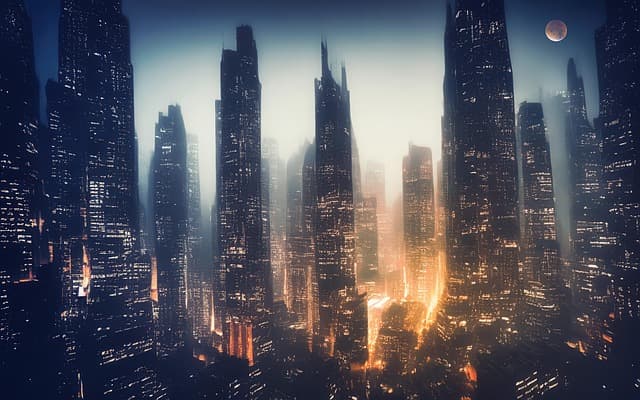 Paisagem urbana futurista com luzes, conceito de tecnologia e IA