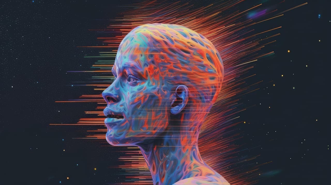 Ilustração de avatar digital com efeitos coloridos representando IA