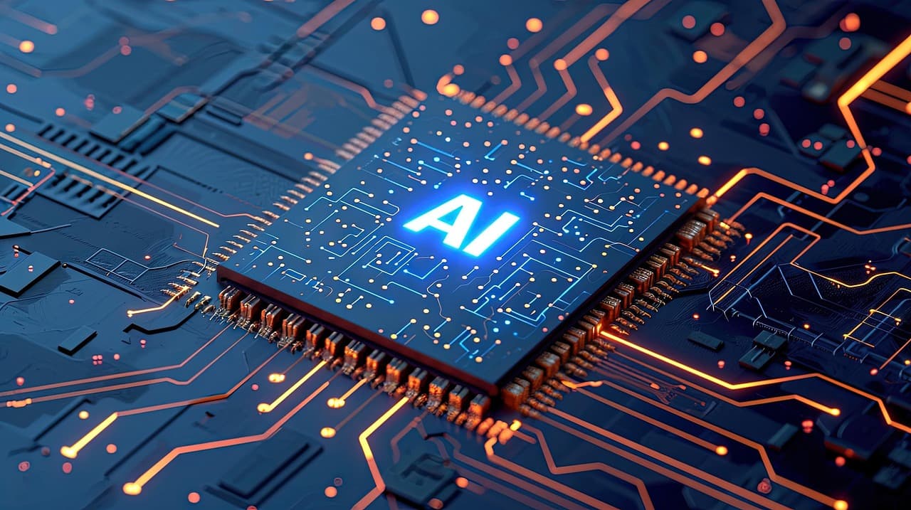 Chip de IA iluminado em placa de circuito, representando processamento e agentes