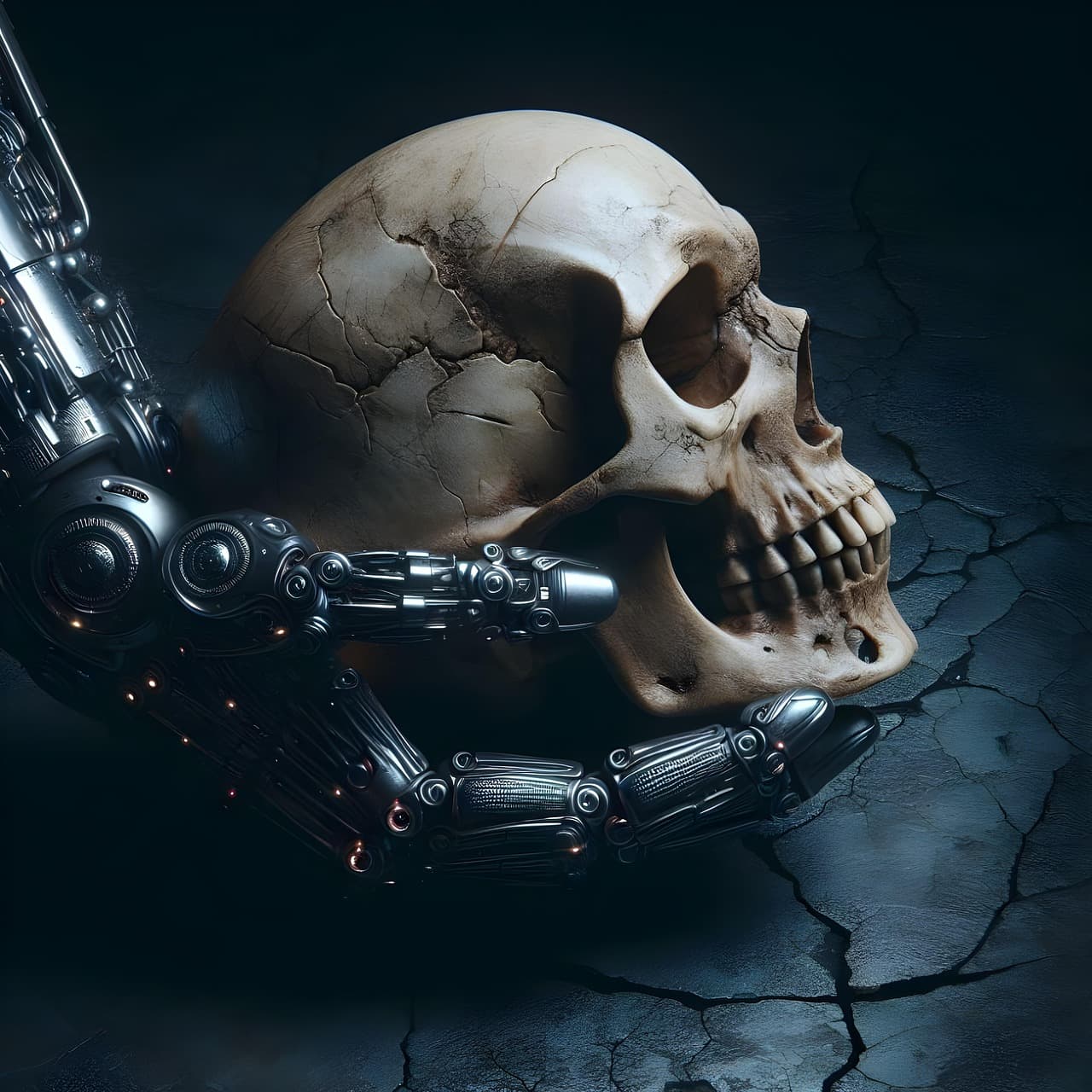 Close do rosto de um robô humanoide com olhos verdes brilhantes