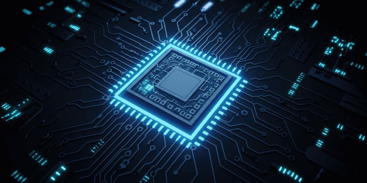 Conceito de chip e circuitos em close, luz azul, representando inferência de IA