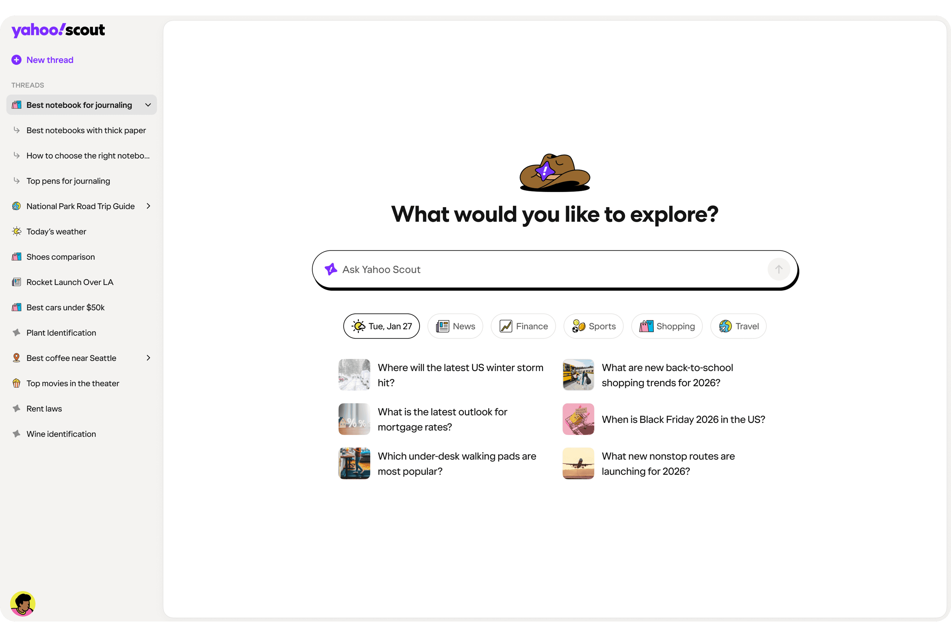 Tela inicial do Yahoo Scout com interface de respostas por IA