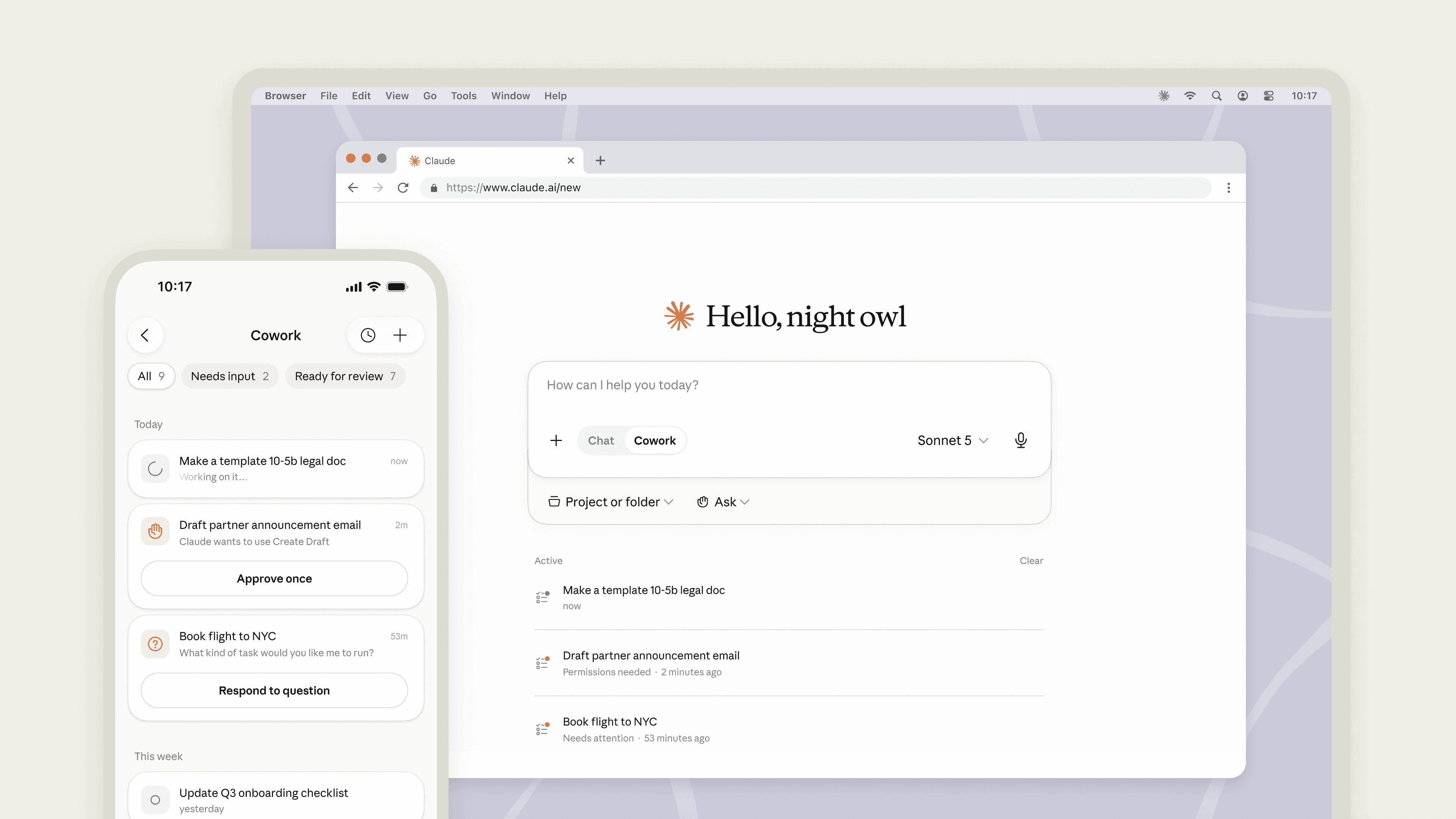 Imagem oficial de anúncio do Claude Cowork para web e mobile