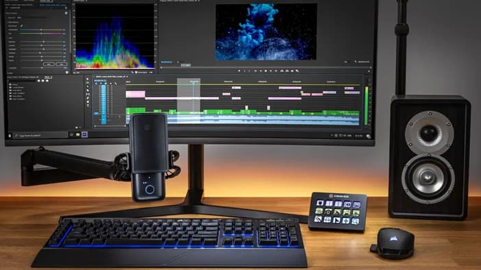 Elgato Stream Deck em mesa de trabalho com iluminação, pronto para controle por IA