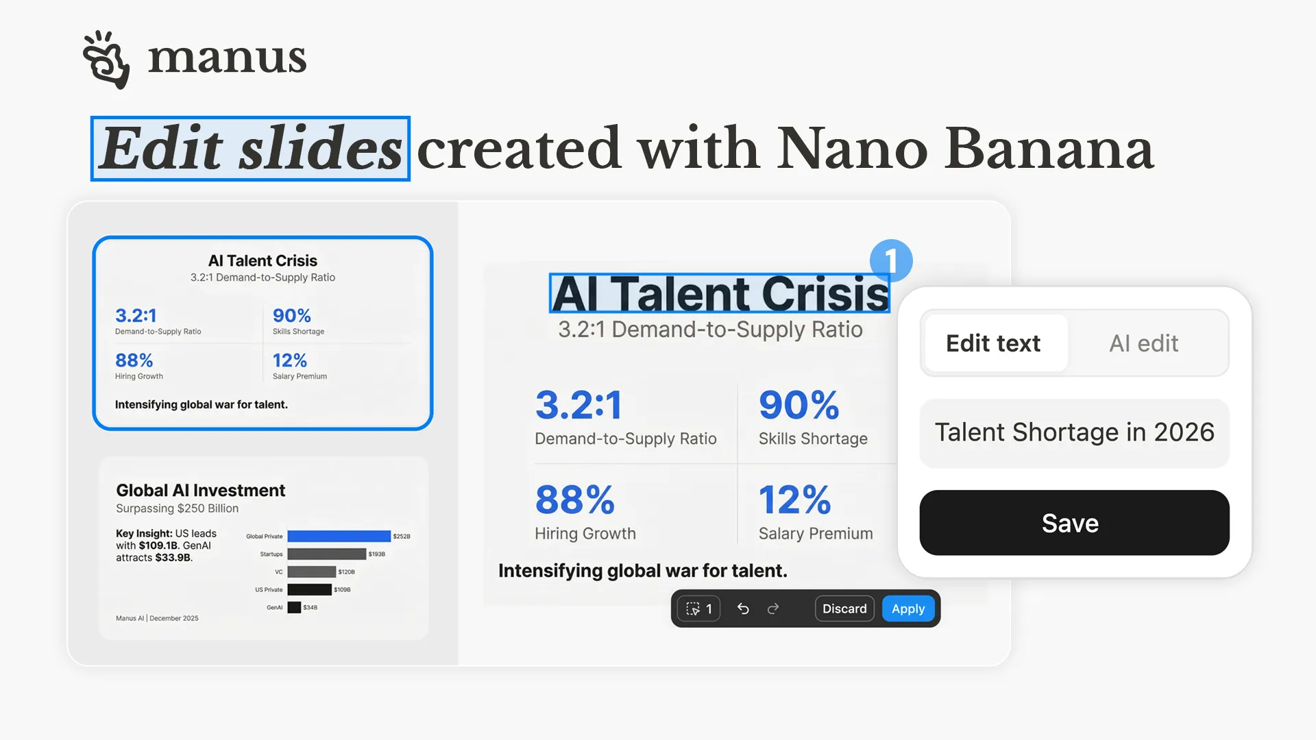 Interface do Manus mostrando edição de slides do Nano Banana Pro