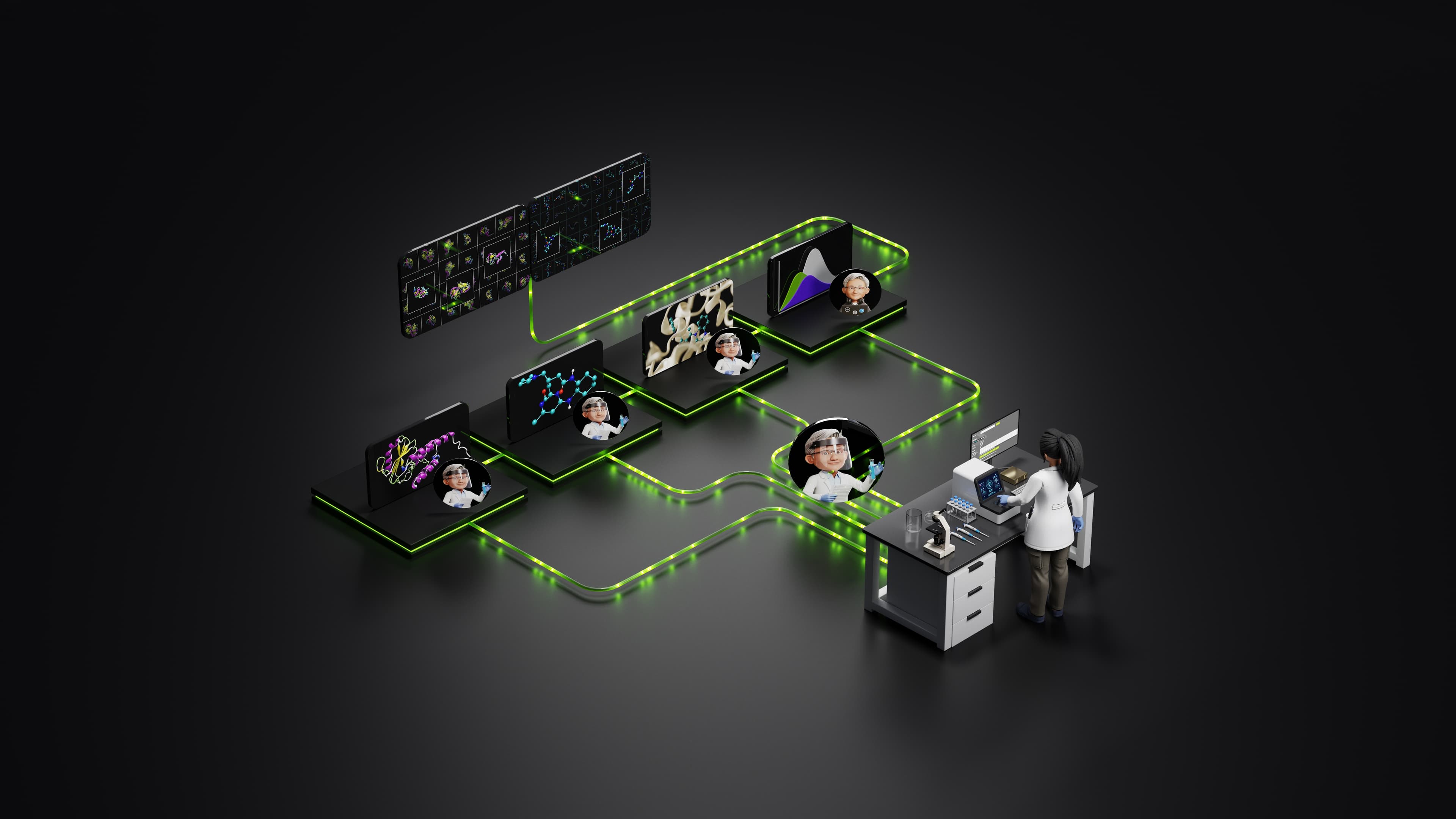 Visual do NVIDIA BioNeMo Agent Toolkit com elementos de ciência computacional