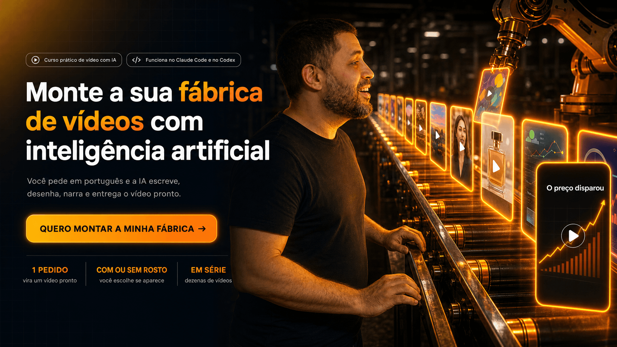 Danilo de frente para a esteira de vídeos, com hologramas amarelos e laranjas e um braço robótico