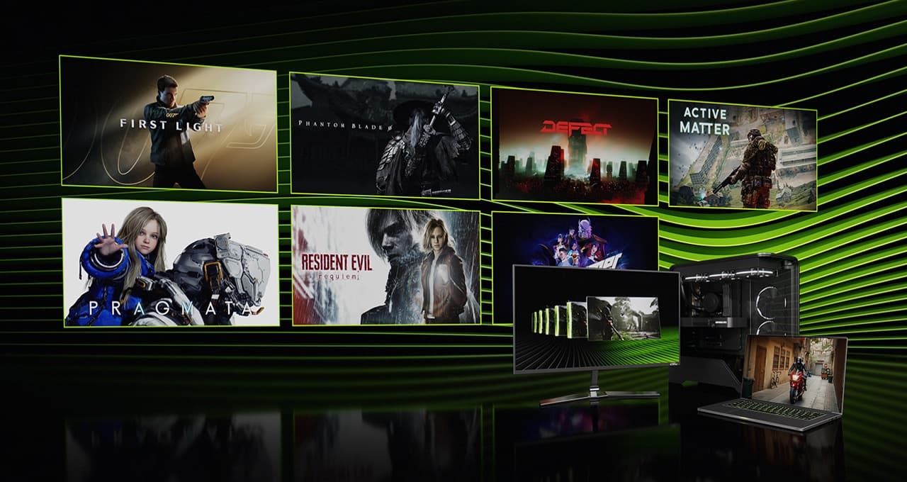 Montagem de jogos e hardware destacando anúncios RTX e DLSS na CES 2026