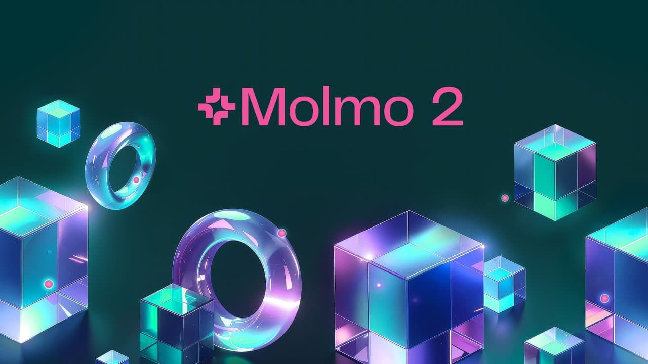 Arte oficial do Molmo 2 com elementos visuais e tipografia da AI2