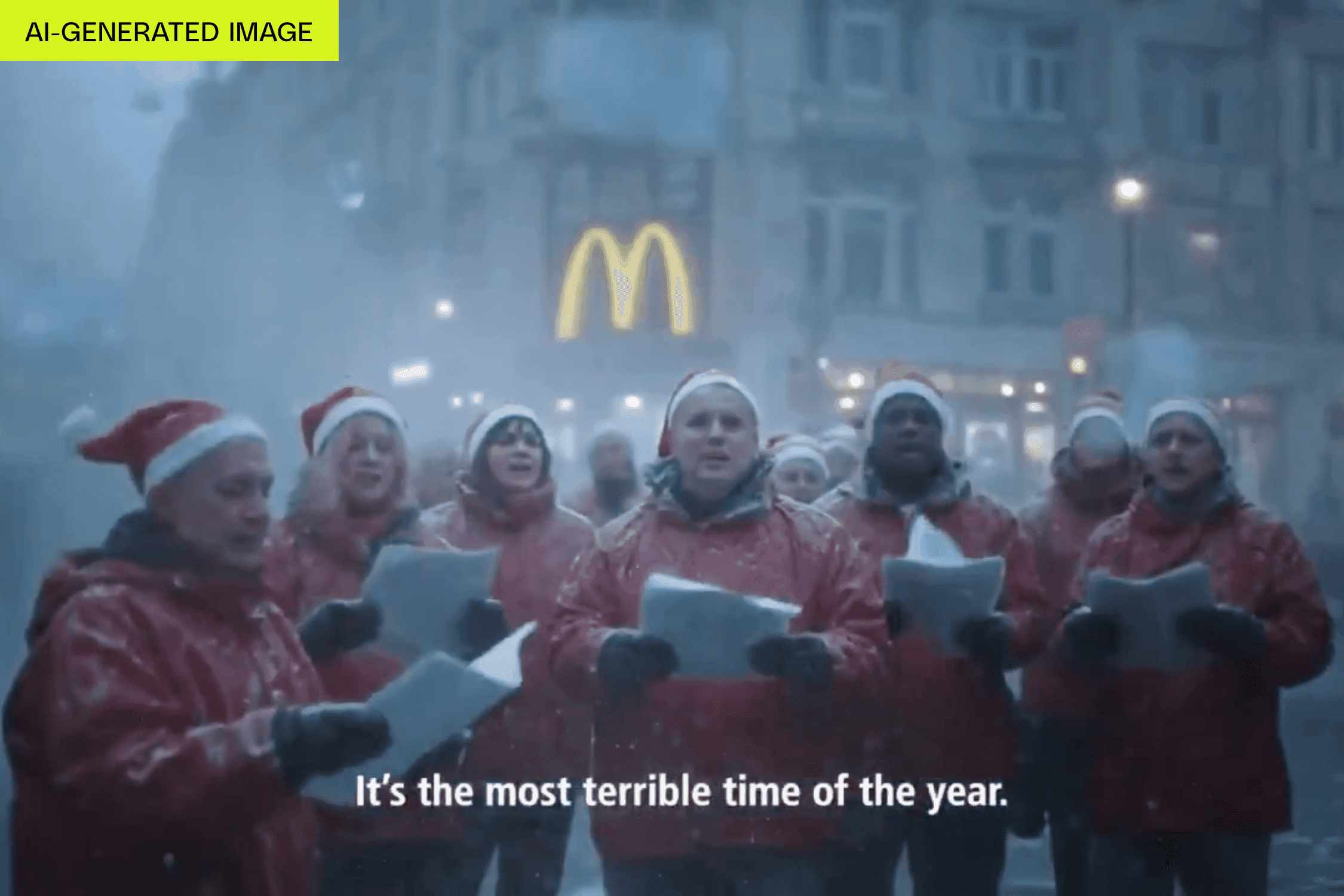 Frame do anúncio de Natal do McDonald’s Holanda, coral natalino gerado por IA com letreiro da marca ao fundo