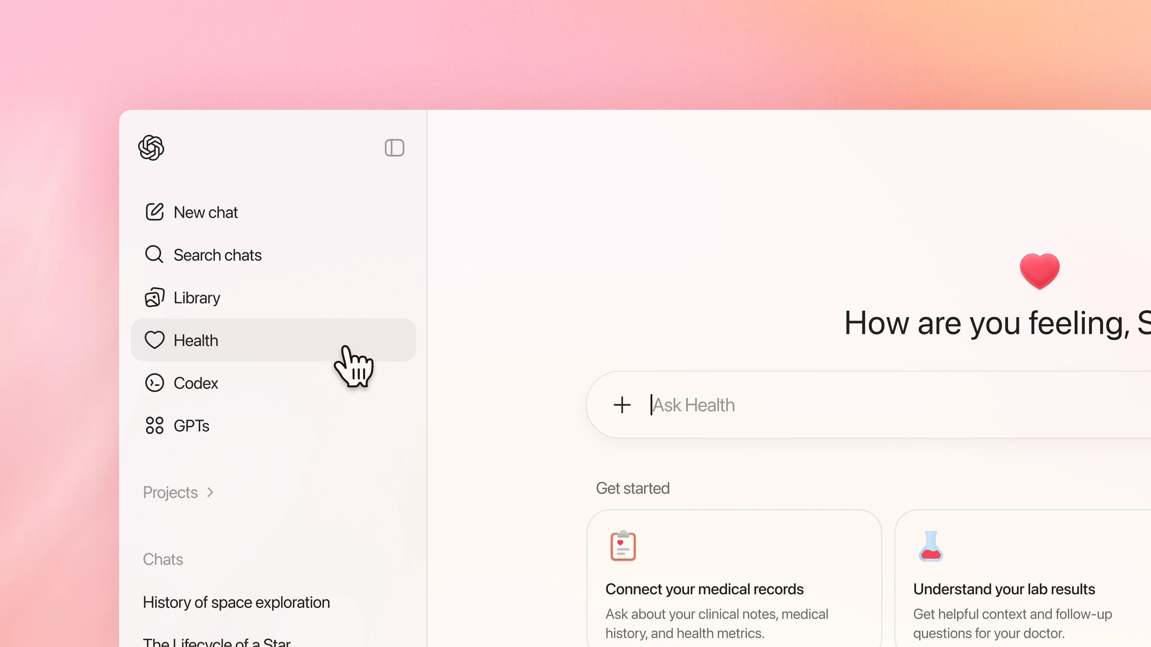 Tela do ChatGPT Health com opções de conectar registros médicos e entender resultados de exames