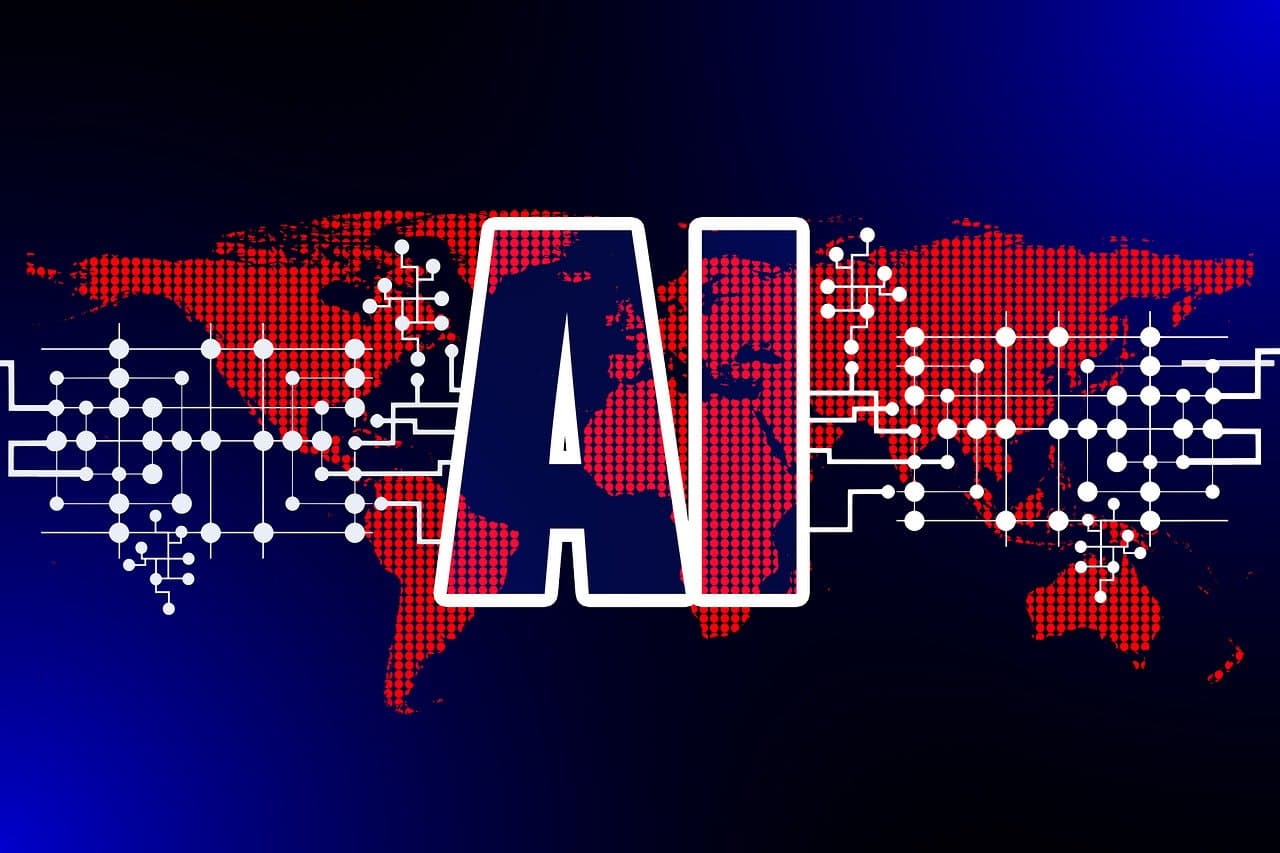 Mapa digital com a sigla AI em destaque, representando difusão global de IA