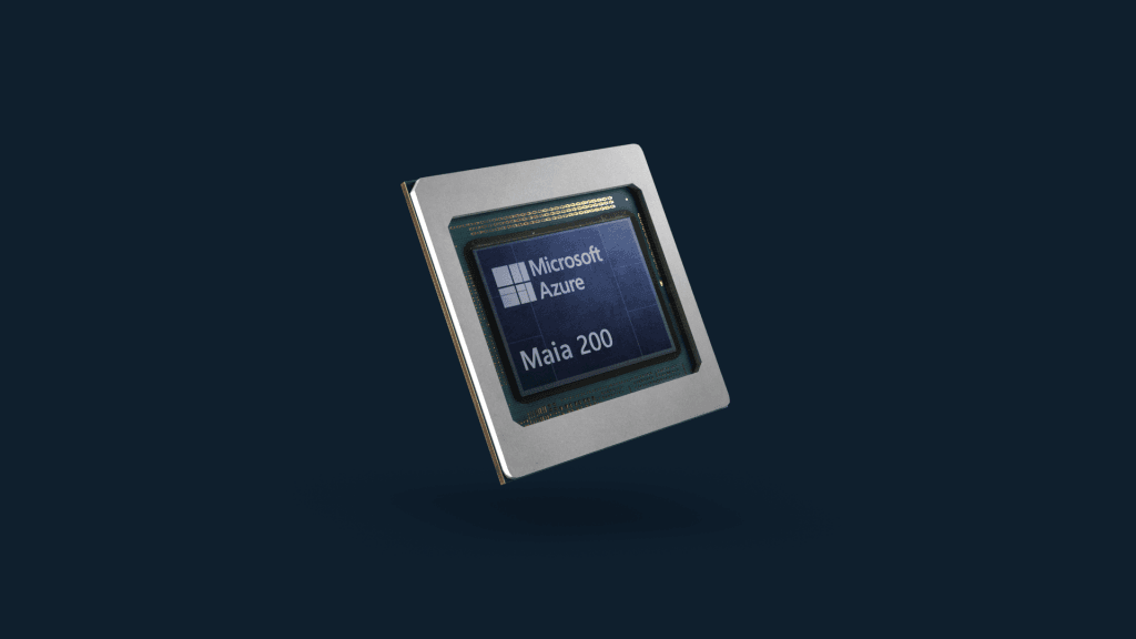 Chip Microsoft Azure Maia 200 em fundo azul, visão de três quartos