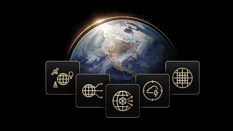 Ilustração Earth-2 com planeta Terra e ícones de modelos abertos