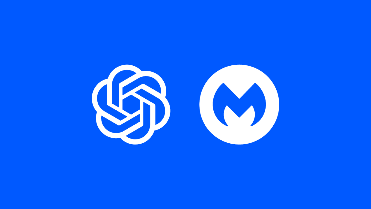 Marcas da Malwarebytes e do ChatGPT em fundo azul, integração anunciada