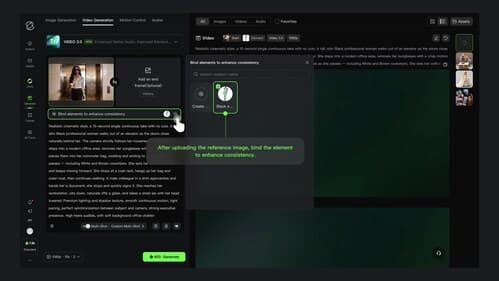Interface do Kling 3.0 destacando consistência por referência