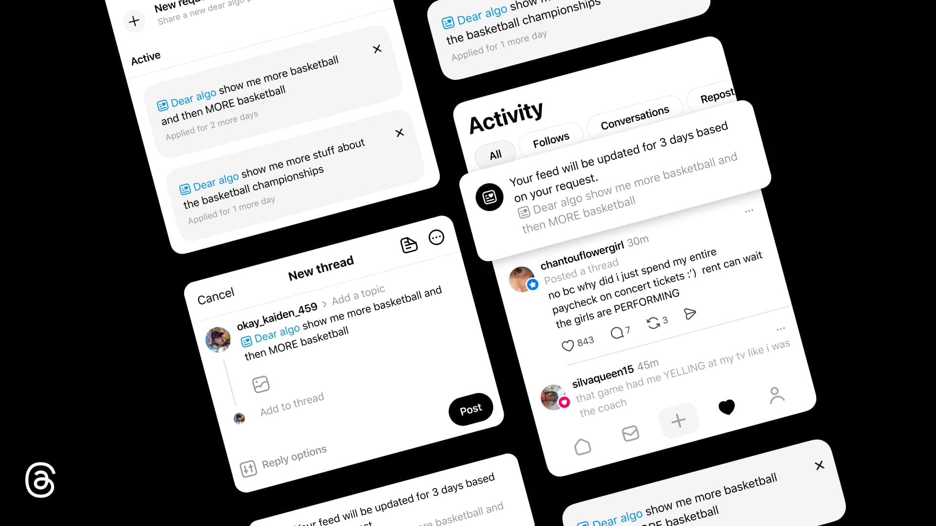 Painéis do Threads com interface do recurso Dear Algo em destaque