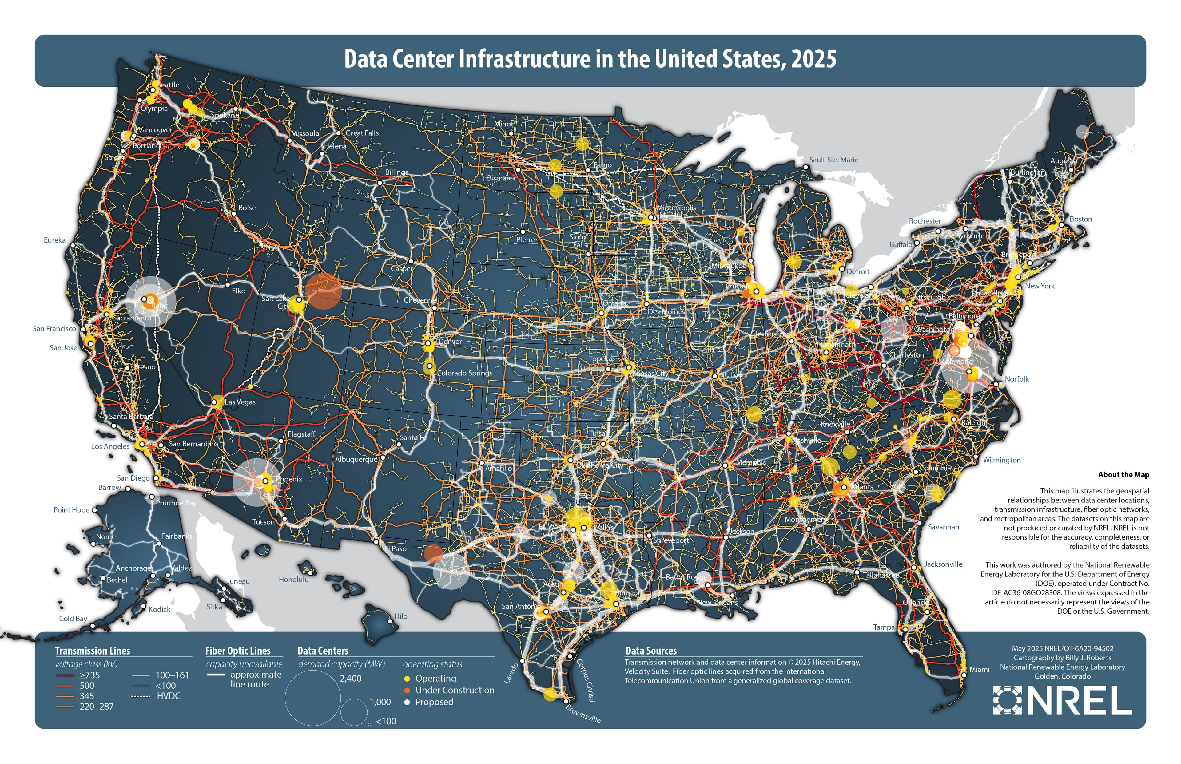 Mapa da infraestrutura de data centers nos Estados Unidos, NREL, 2025