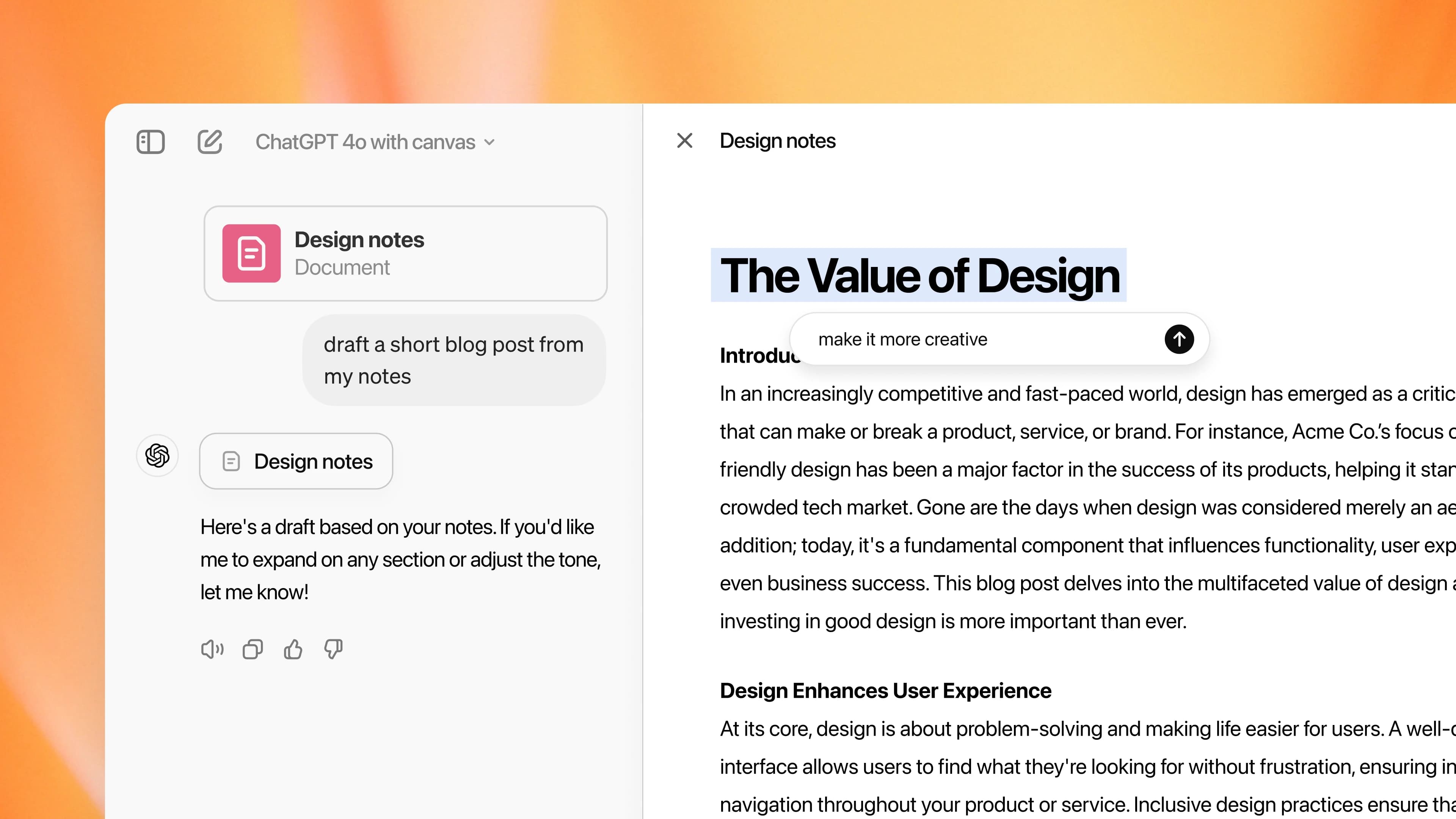 Interface Canvas do ChatGPT com editor lado a lado
