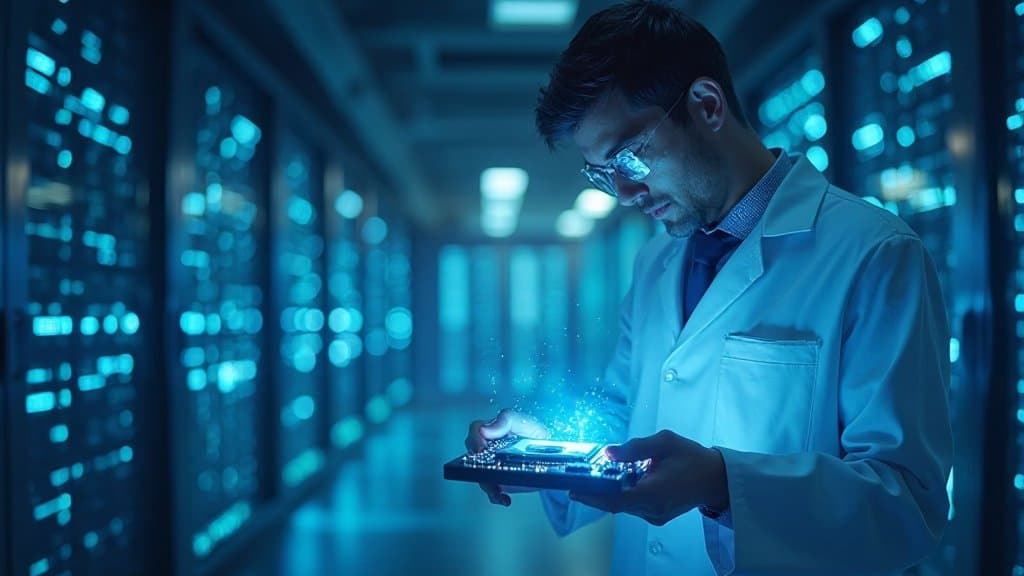 Ilustração de GPUs e data center representando o mercado de aceleração para IA