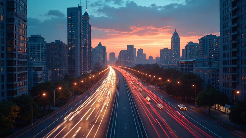 Vista aérea de avenida urbana com tráfego intenso e múltiplas faixas