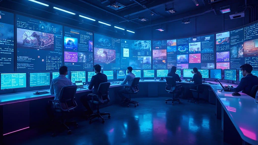 Corredor de data center com iluminação azul, simbolizando escala e computação de IA