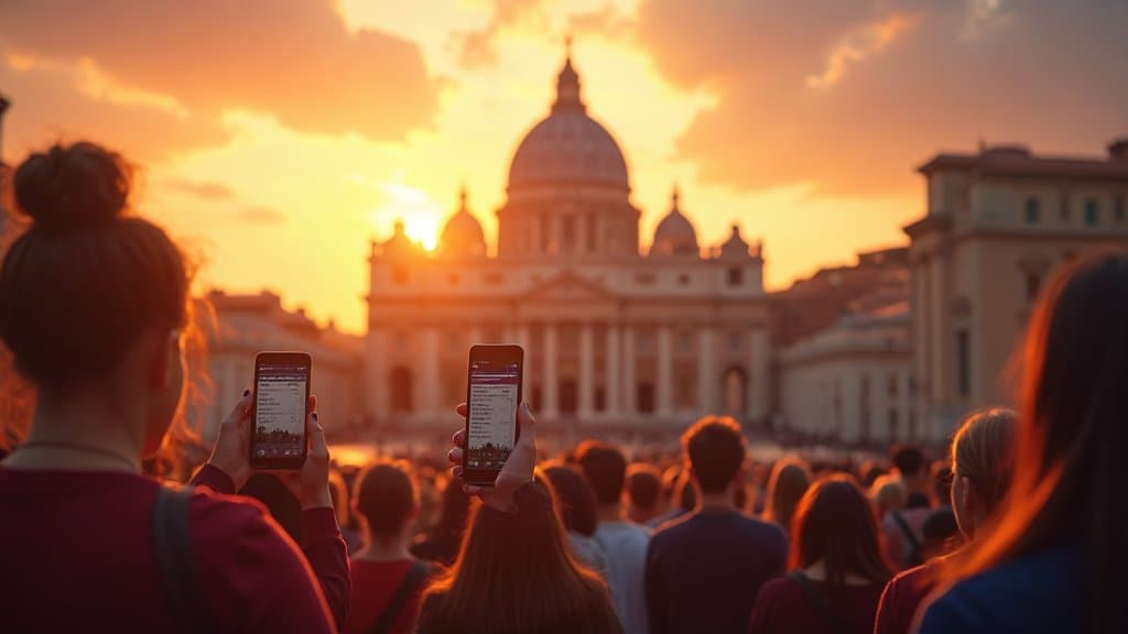 Vista da Basílica de São Pedro no Vaticano em dia claro, com fiéis na via de acesso