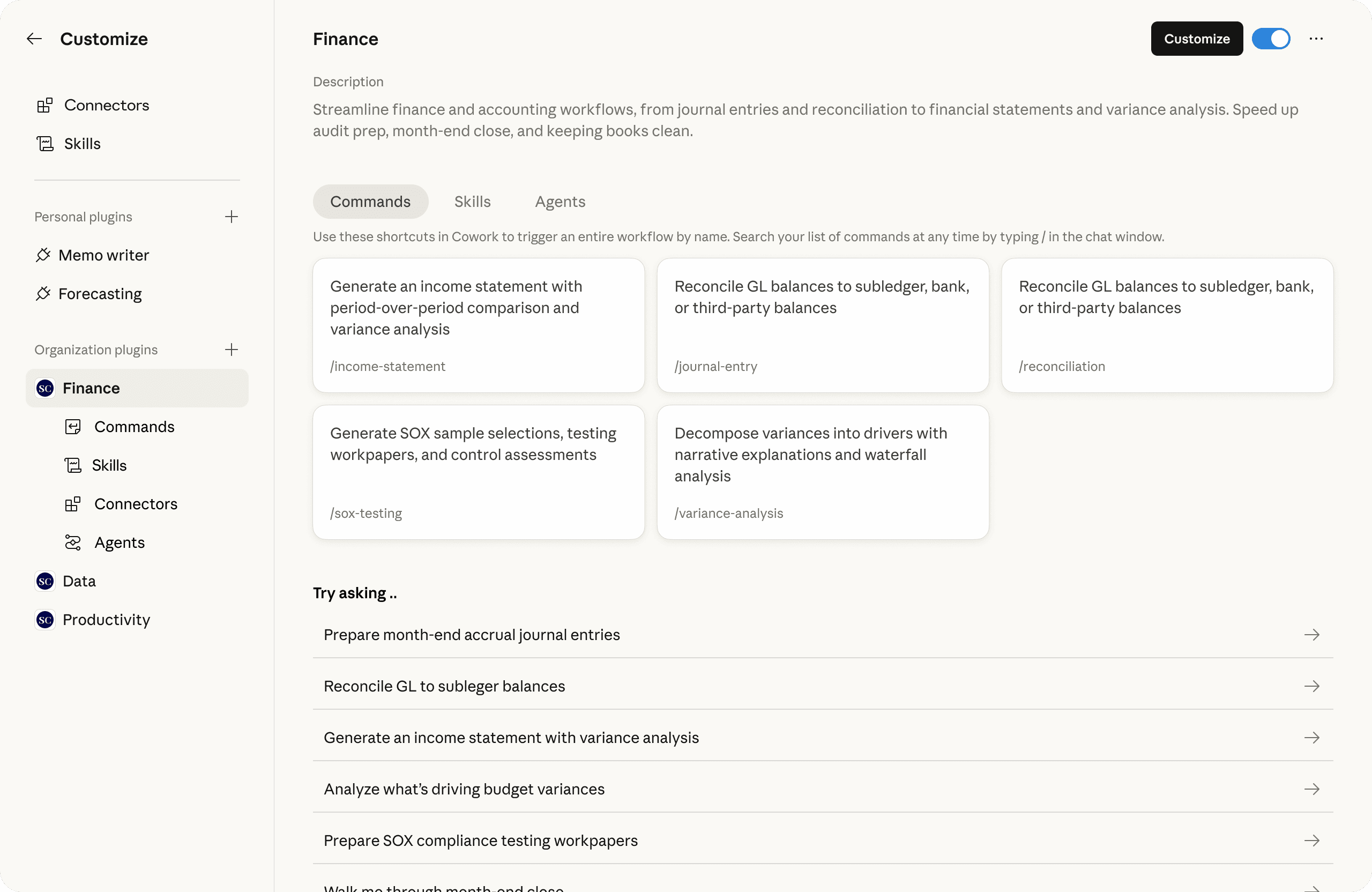 Tela do Claude Cowork mostrando a personalização de plugins