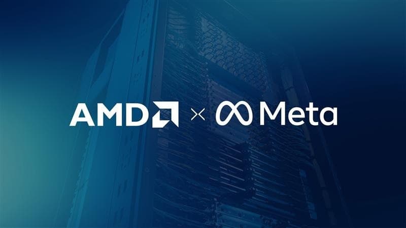 Logos AMD e Meta sobre rack de servidores, parceria de 6 GW de GPUs
