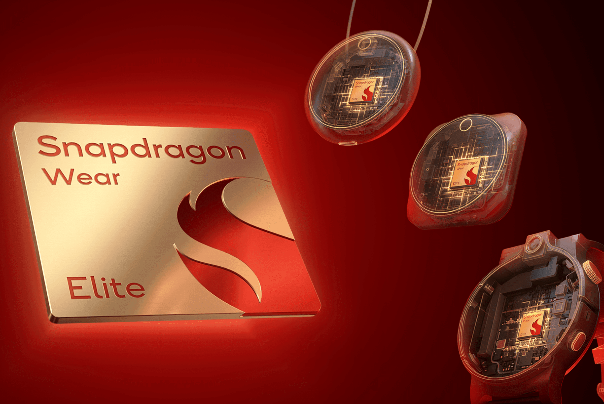 Render oficial do chip Snapdragon Wear Elite ao lado de conceitos de wearables