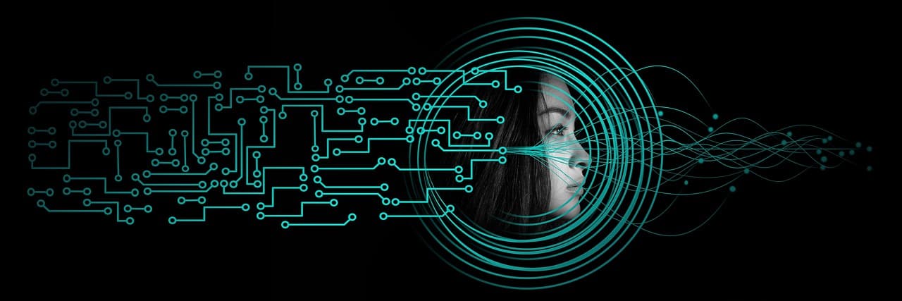 Arte conceitual de inteligência artificial com circuitos e ondas